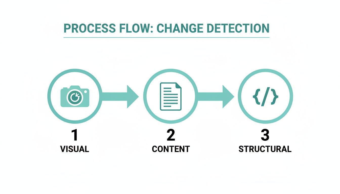 Process flow diagram for change detection, showing visual, content, and structural steps.
