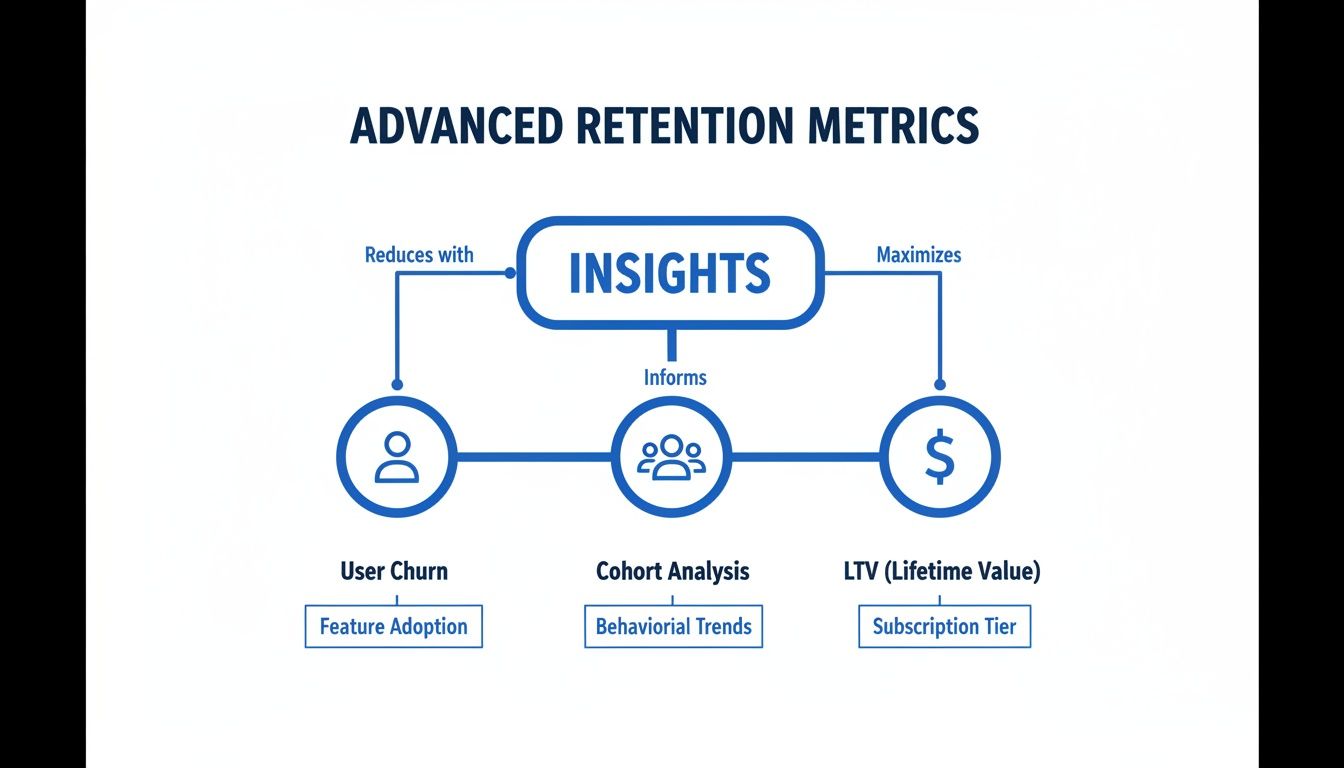 Diagram showing advanced retention metrics: insights reduce user churn, inform cohort analysis, and maximize LTV.