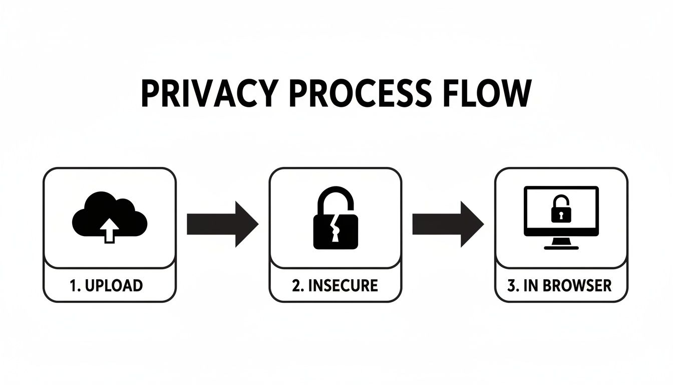 Diagram showing a privacy process flow: data upload, insecure storage/transfer, and secure viewing in a web browser.