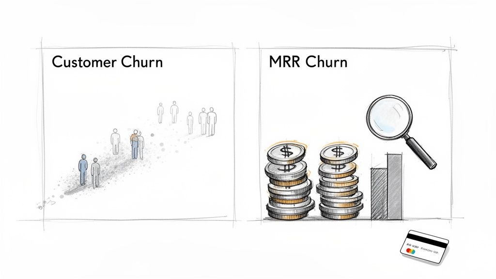 Sketched illustration comparing customer churn with disappearing people and MRR churn with stacks of money and a magnifying glass.