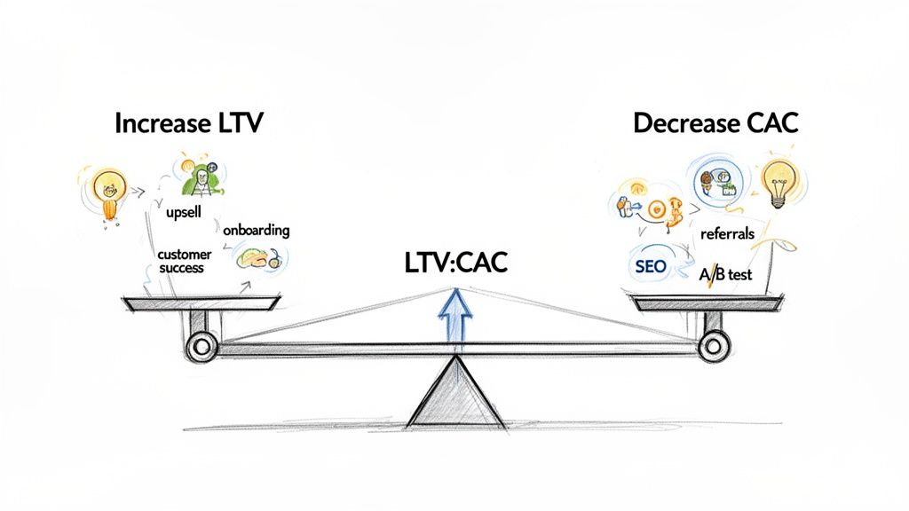 A hand-drawn balance scale illustrating strategies to improve LTV:CAC ratio by increasing LTV and decreasing CAC.