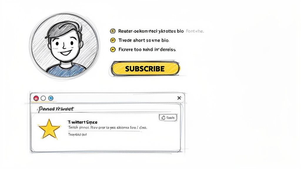 Hand-drawn sketch of a social media profile with a smiling avatar, subscribe button, and a tweet window.