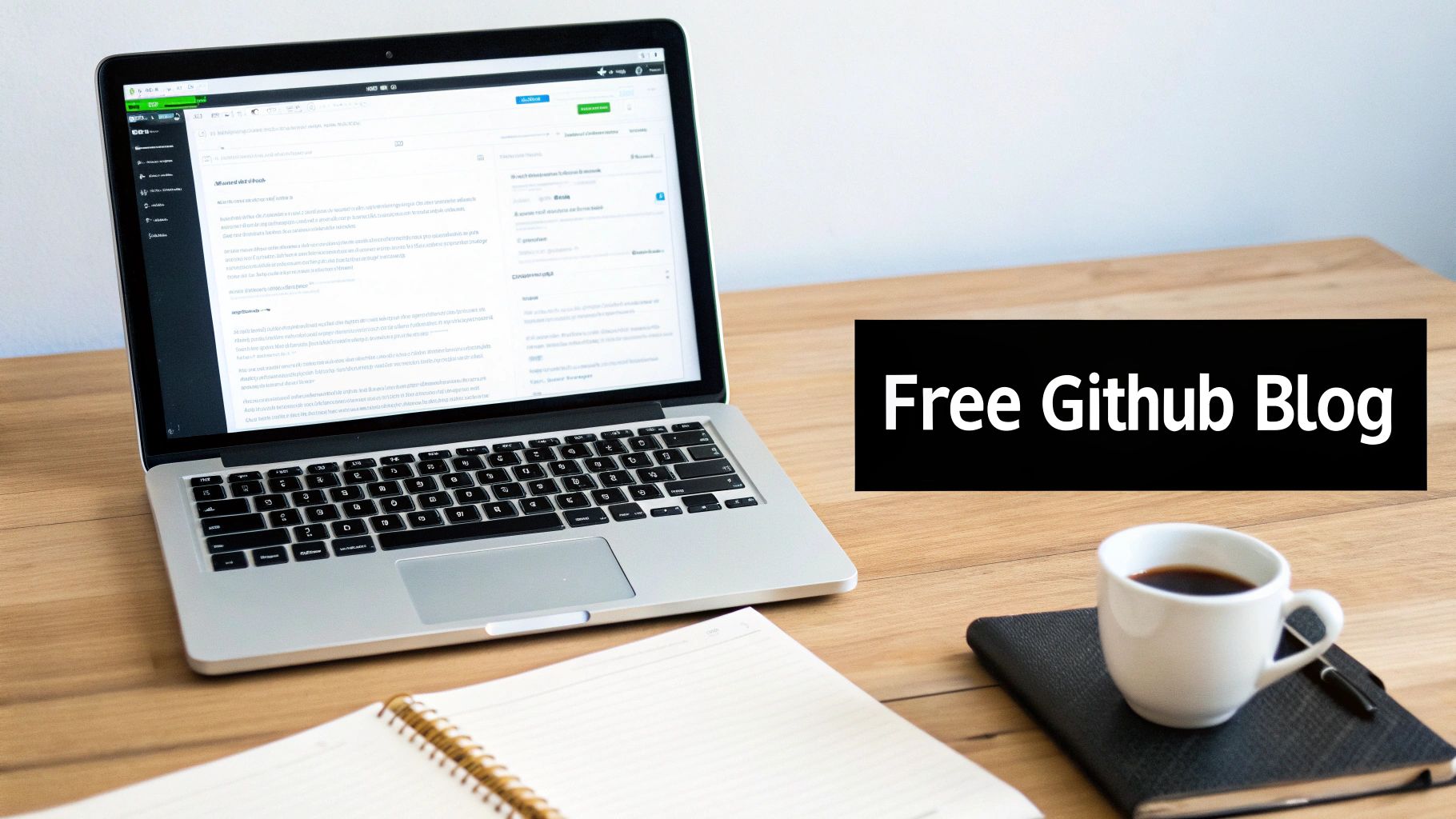 A laptop displaying a blog, a notebook, and coffee on a wooden desk, with 'Free Github Blog' text.