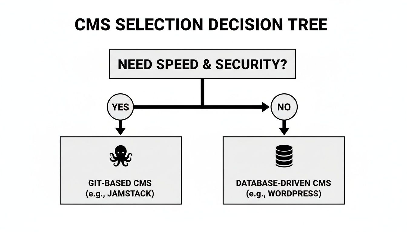 Decision tree illustrating CMS selection based on speed and security, leading to Git-based or database-driven systems.