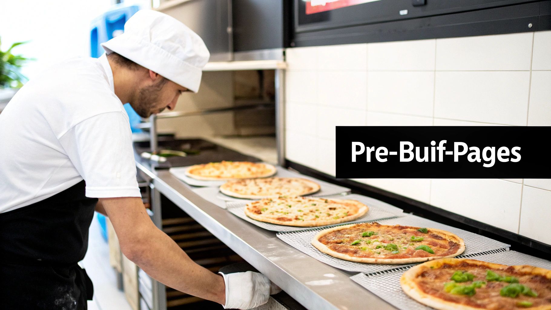 A chef in a white uniform and gloves preparing multiple fresh pizzas on baking trays in a professional kitchen.