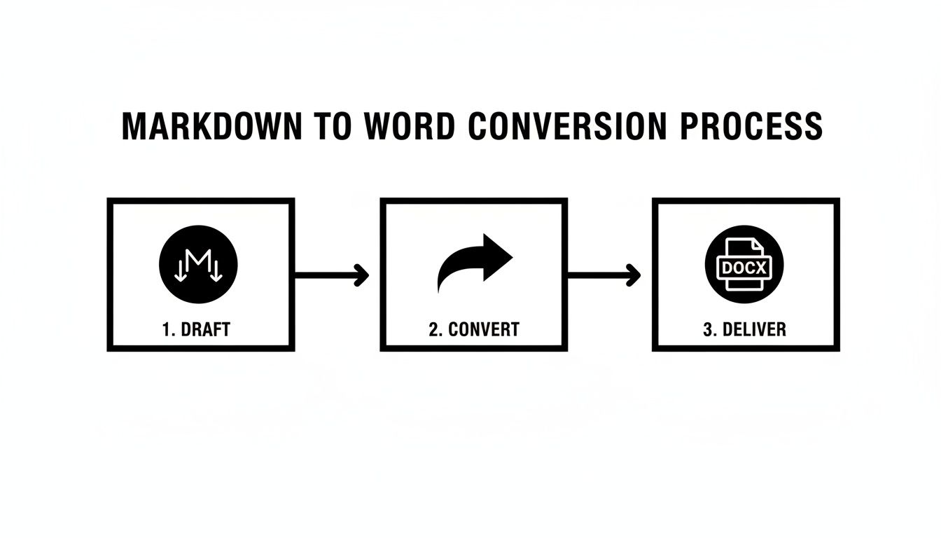 A three-step diagram illustrating the Markdown to Word conversion process, from draft to delivery.