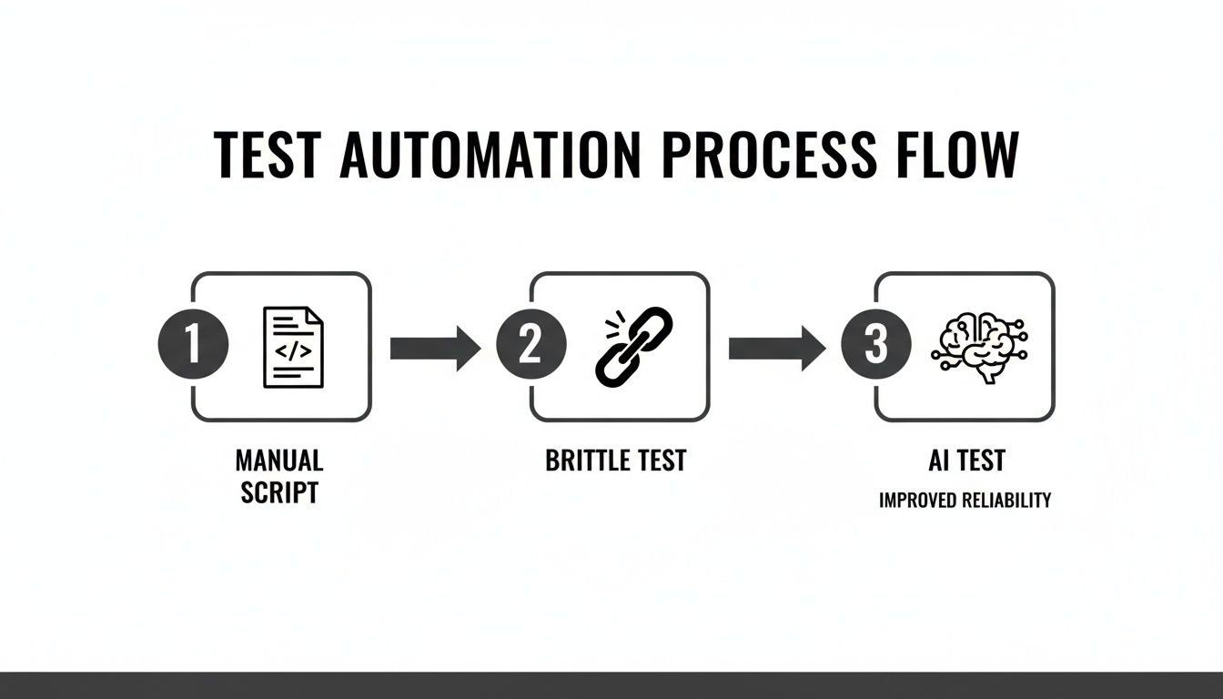 A three-step test automation process flow illustrating the evolution from manual scripts to AI-based tests for improved reliability.