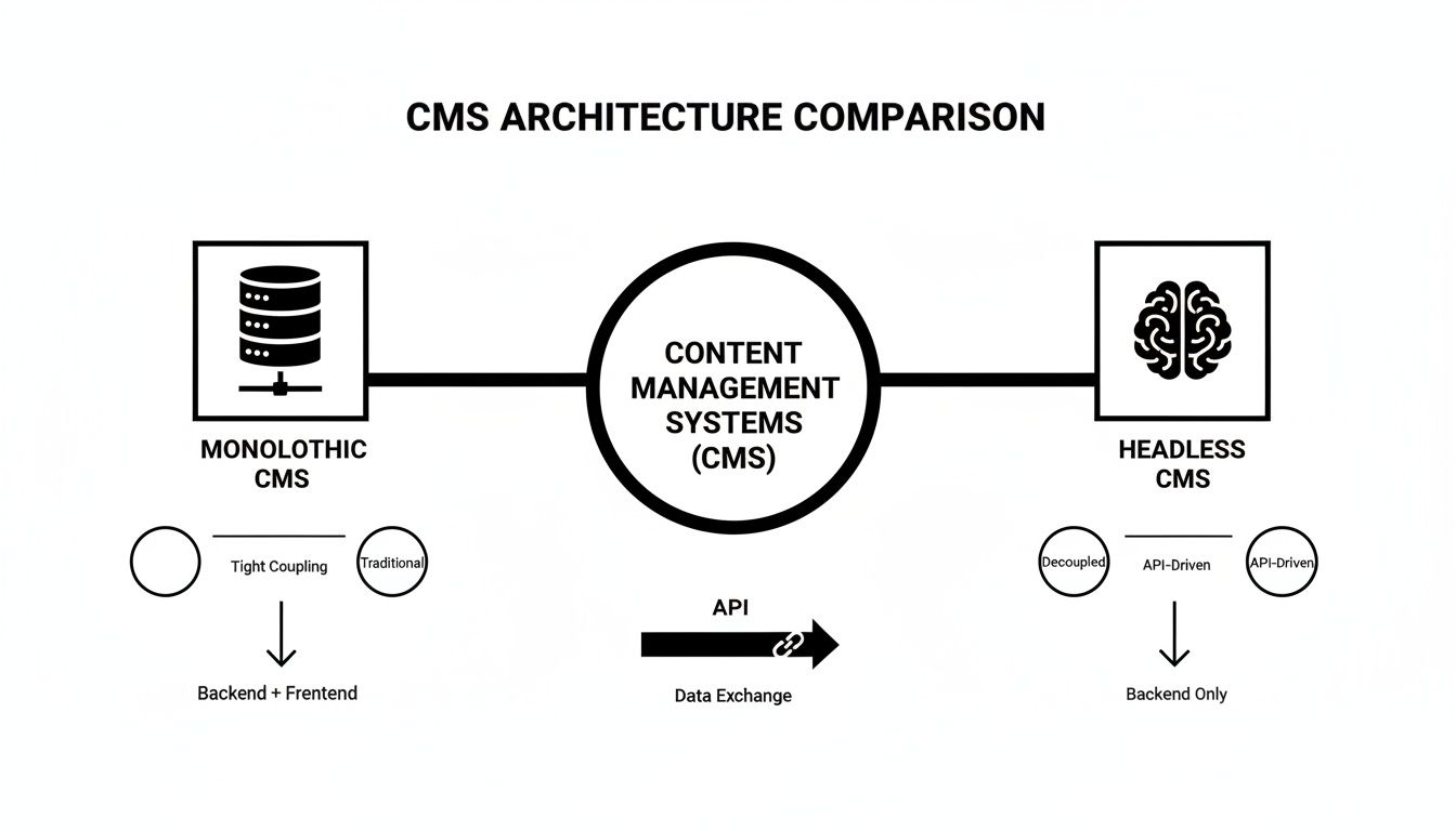 Diagram comparing monolithic and headless CMS architectures, highlighting their differences in coupling and backend/frontend structure.