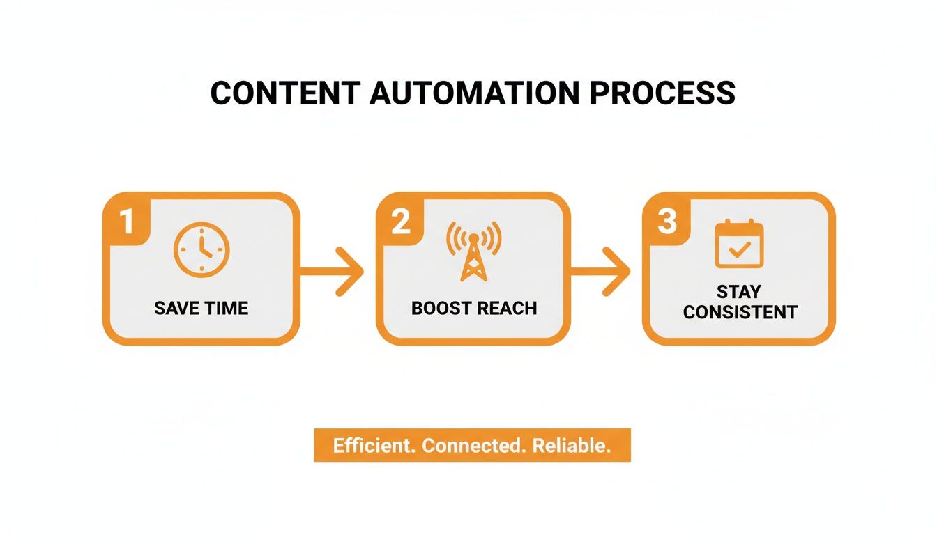 A content automation process diagram illustrating three benefits: save time, boost reach, and stay consistent.