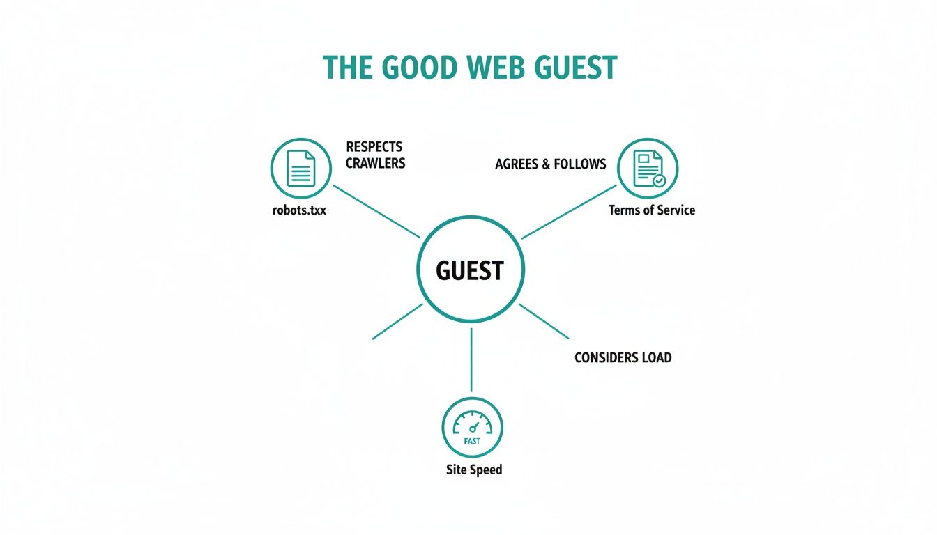 Diagram outlining good web guest behavior: respecting robots.txt, following terms, considering site load and speed.