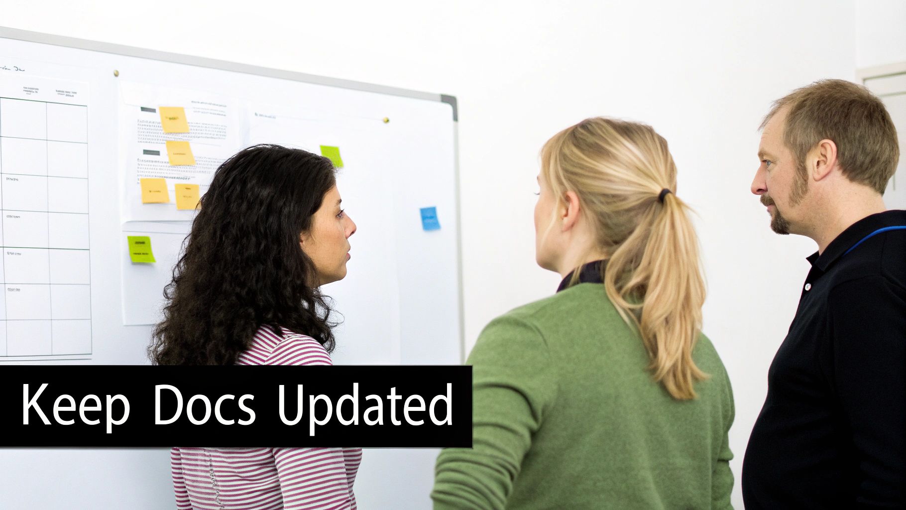 Three colleagues discussing project notes and documents on a whiteboard in a meeting.