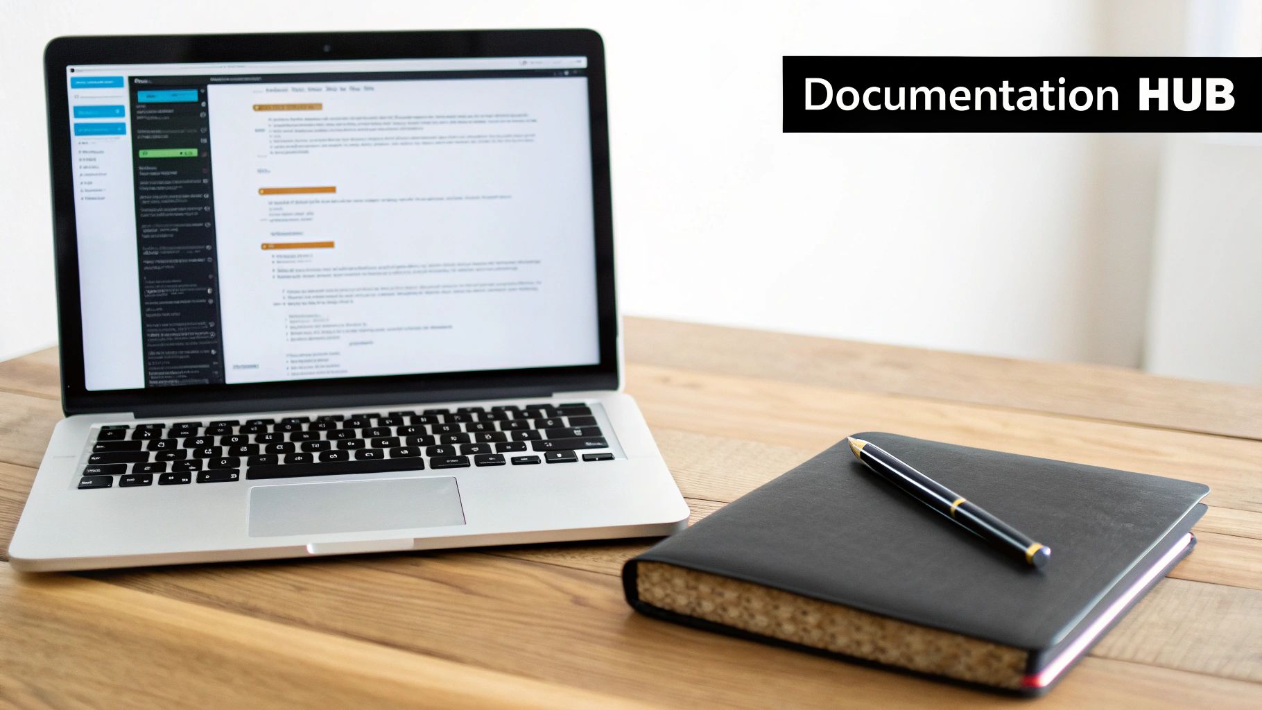 A laptop showing a documentation interface, next to a notebook and pen on a wooden desk, with 'Documentation HUB' text.