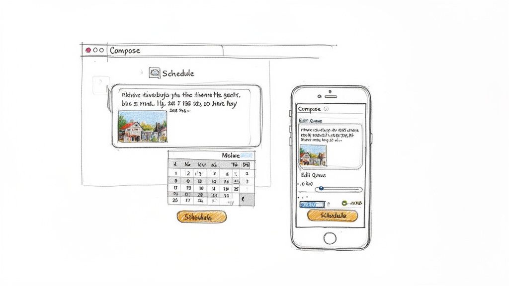 Sketch of a desktop and mobile interface for scheduling posts, showing a calendar and image preview.
