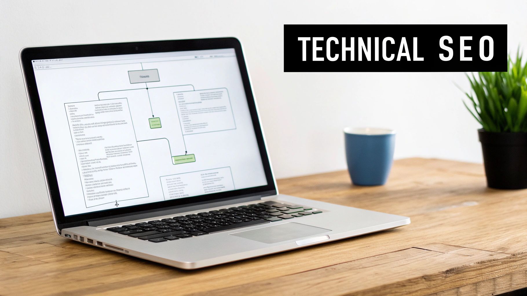 A laptop displaying a technical SEO flowchart with a 'TECHNICAL SEO' banner on a wooden desk.