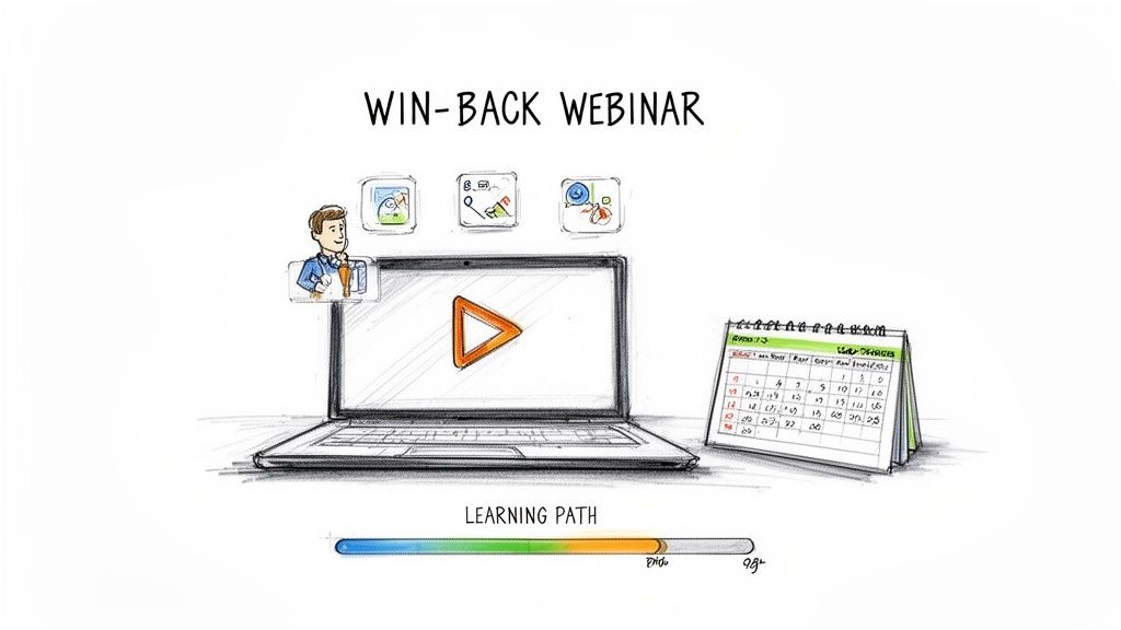 Illustration of a win-back webinar on a laptop with a presenter, calendar, and learning path.
