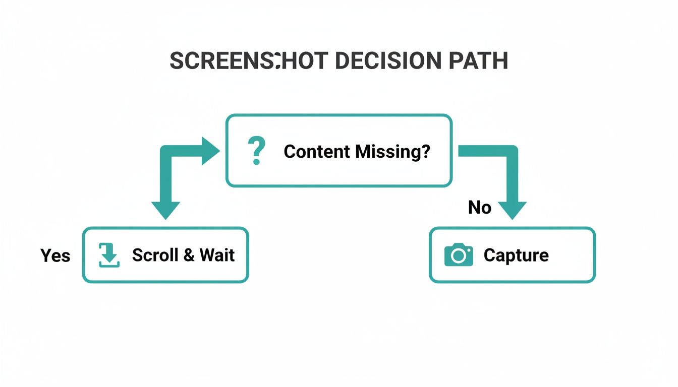 A flowchart illustrates the 'Hot Decision Path' for screens: 'Content Missing?'. If yes, 'Scroll & Wait'; if no, 'Capture'.