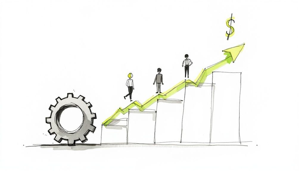 People climb a growth chart driven by a gear, symbolizing business progress and financial success.