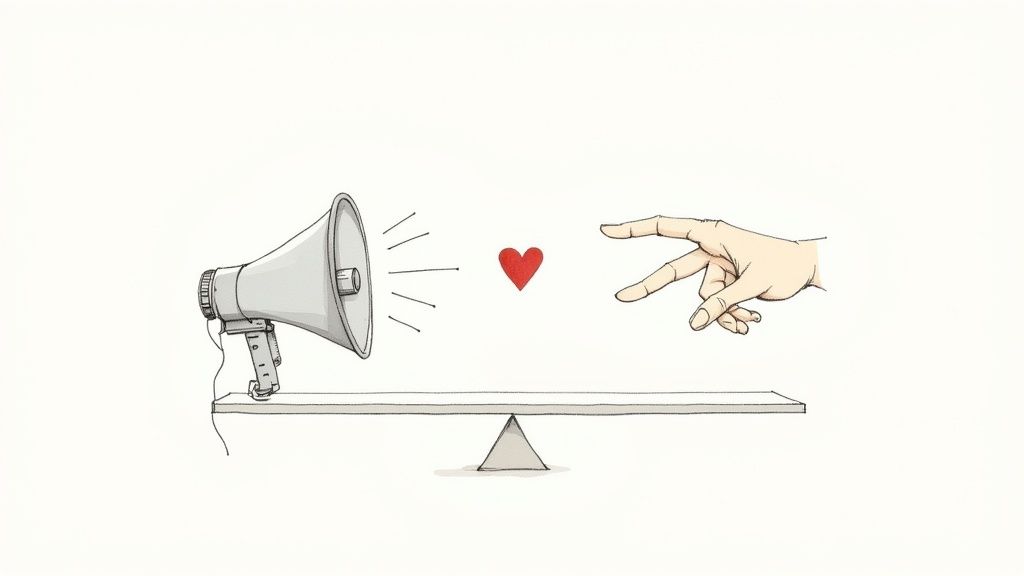 Illustration of a megaphone, heart, and hand on a balance scale, representing communication and connection.
