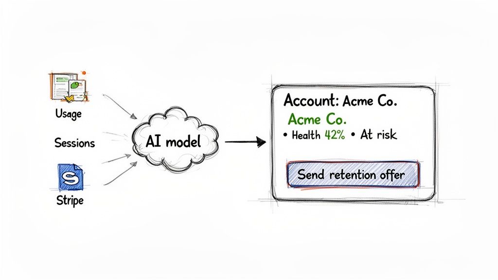 AI model processes usage, session, and payment data to identify at-risk accounts, recommending retention offers.