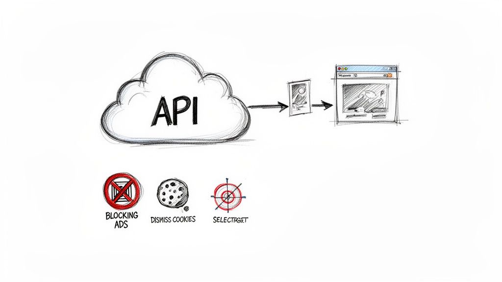 A sketch illustrating API integration with web content, alongside privacy controls like blocking ads and cookies.