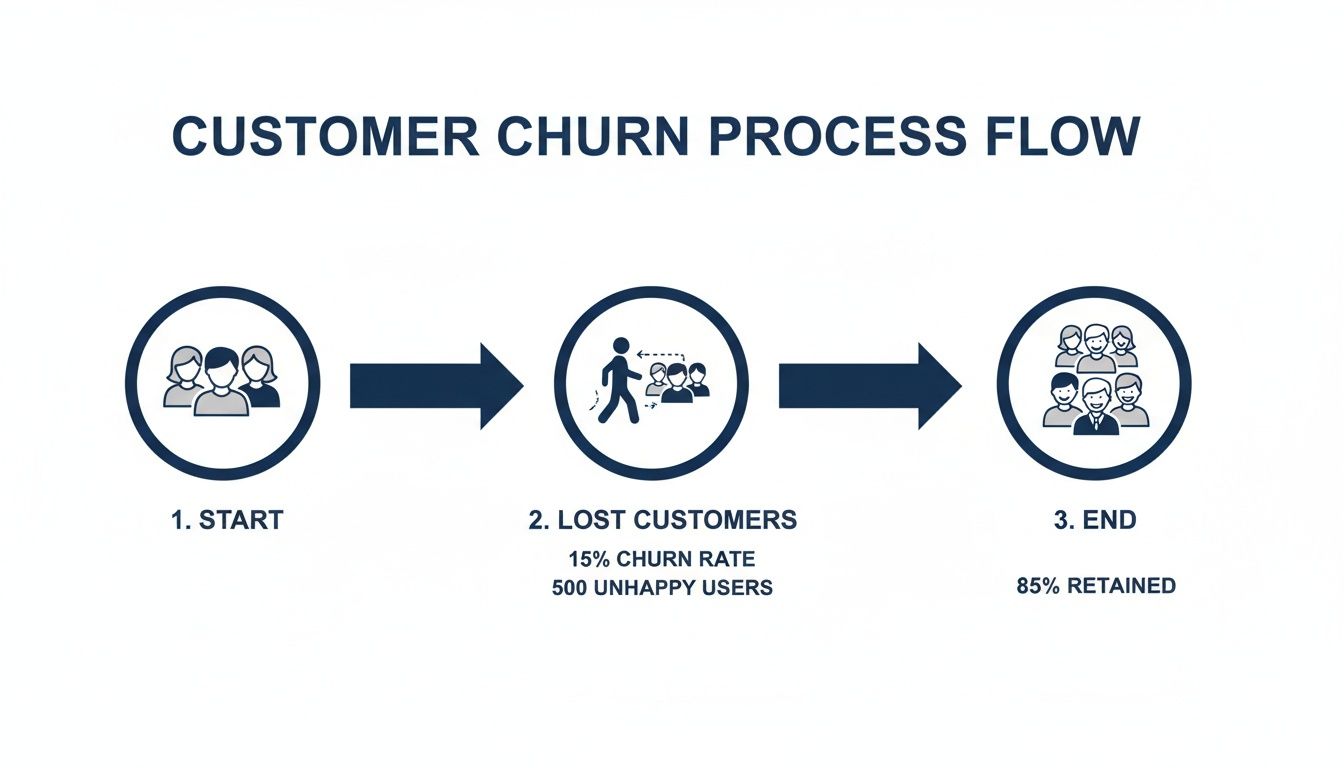 Customer churn process flow showing start, lost customers with 15% churn rate, and 85% retained users.