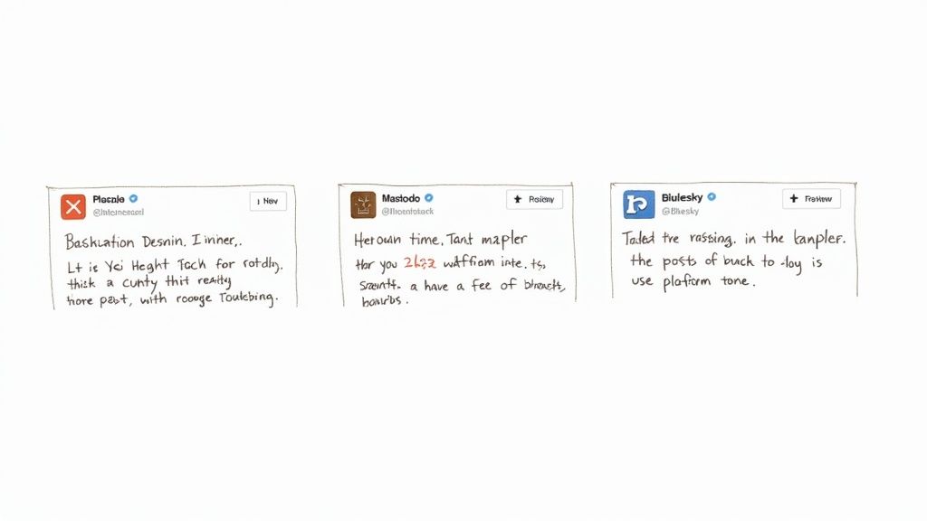 Three hand-drawn social media posts with nonsensical text, mimicking Twitter or Mastodon interfaces.