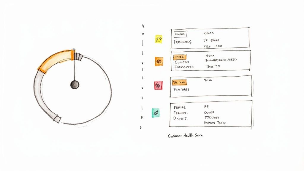 A hand-drawn diagram showing a customer feedback gauge and associated lists of features or issues.