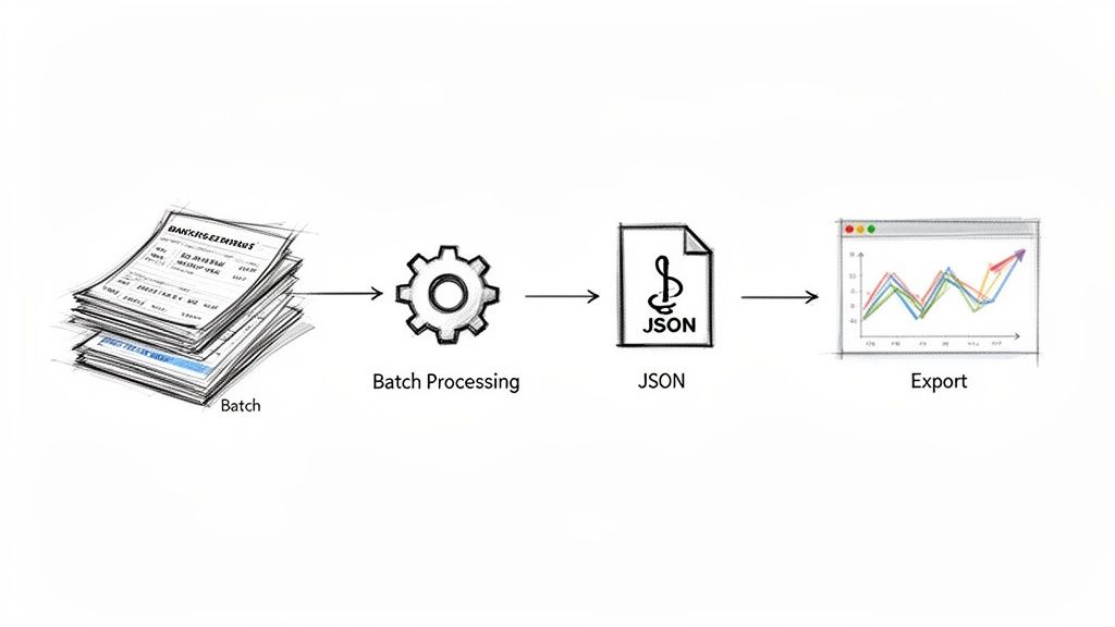 Workflow illustrating batch processing of bank statements into JSON format for data visualization export.