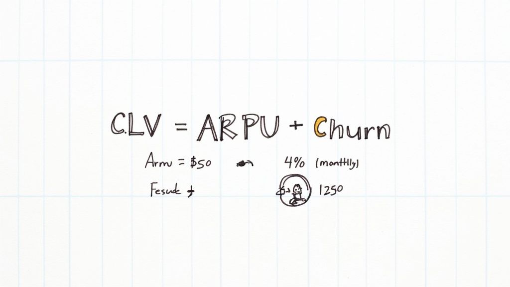 Handwritten equation for Customer Lifetime Value (CLV) with ARPU, churn rate, and related numbers on a grid paper.