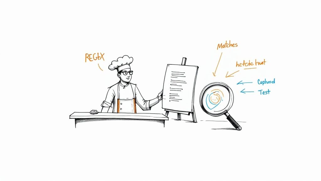 A cartoon chef explains regular expressions, demonstrating pattern matching and capturing with a magnifying glass.