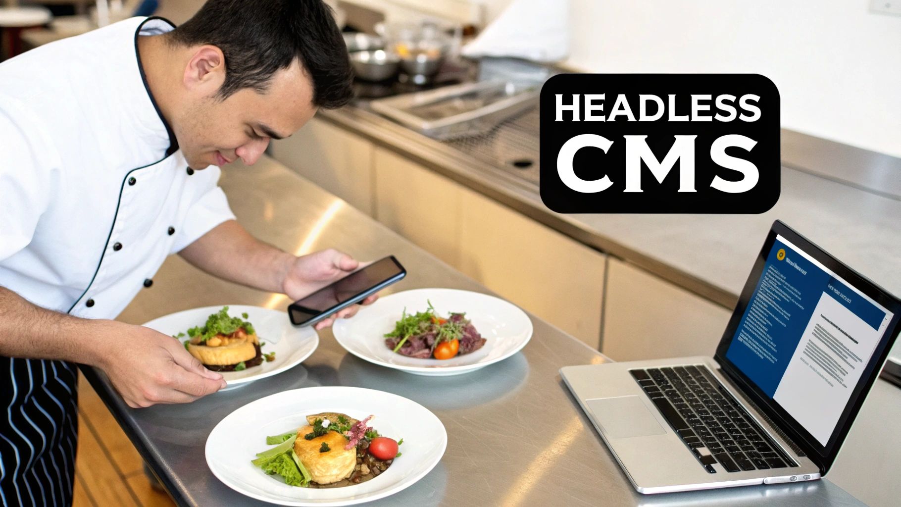 A chef photographs beautifully plated dishes in a professional kitchen, with a laptop and "HEADLESS CMS" visible.
