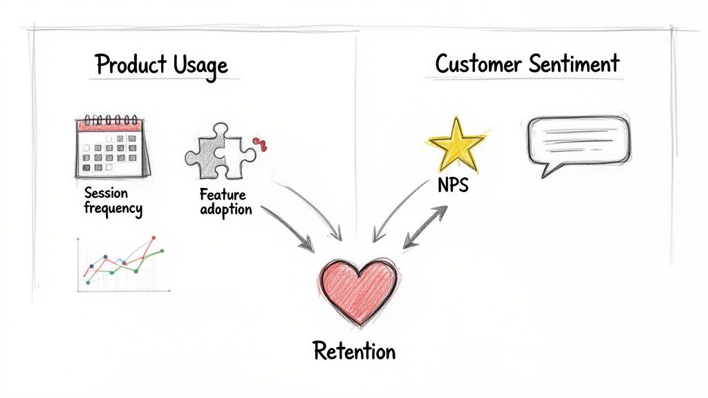 Diagram explaining product usage (session frequency, feature adoption) and customer sentiment (NPS, feedback) drive customer retention.