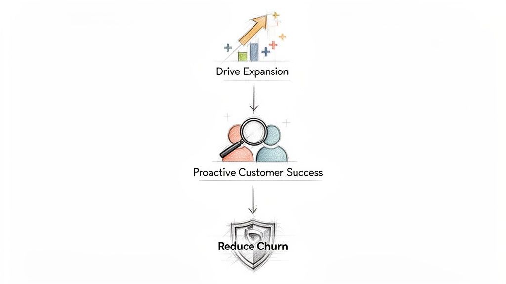 Flowchart showing how proactive customer success drives expansion and reduces churn.