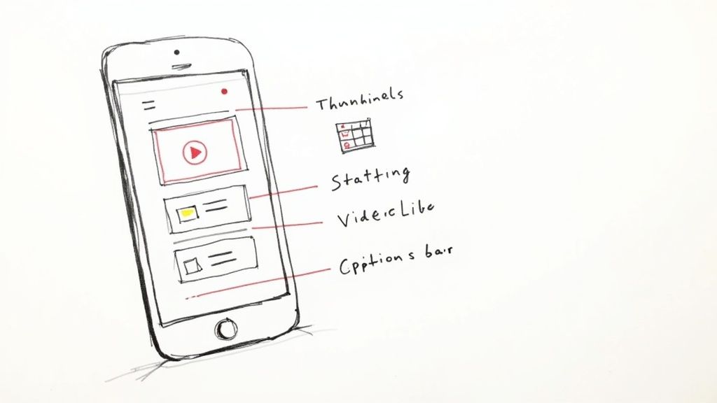 A hand-drawn mobile phone sketch of a video app interface with labels for thumbnails and video library.
