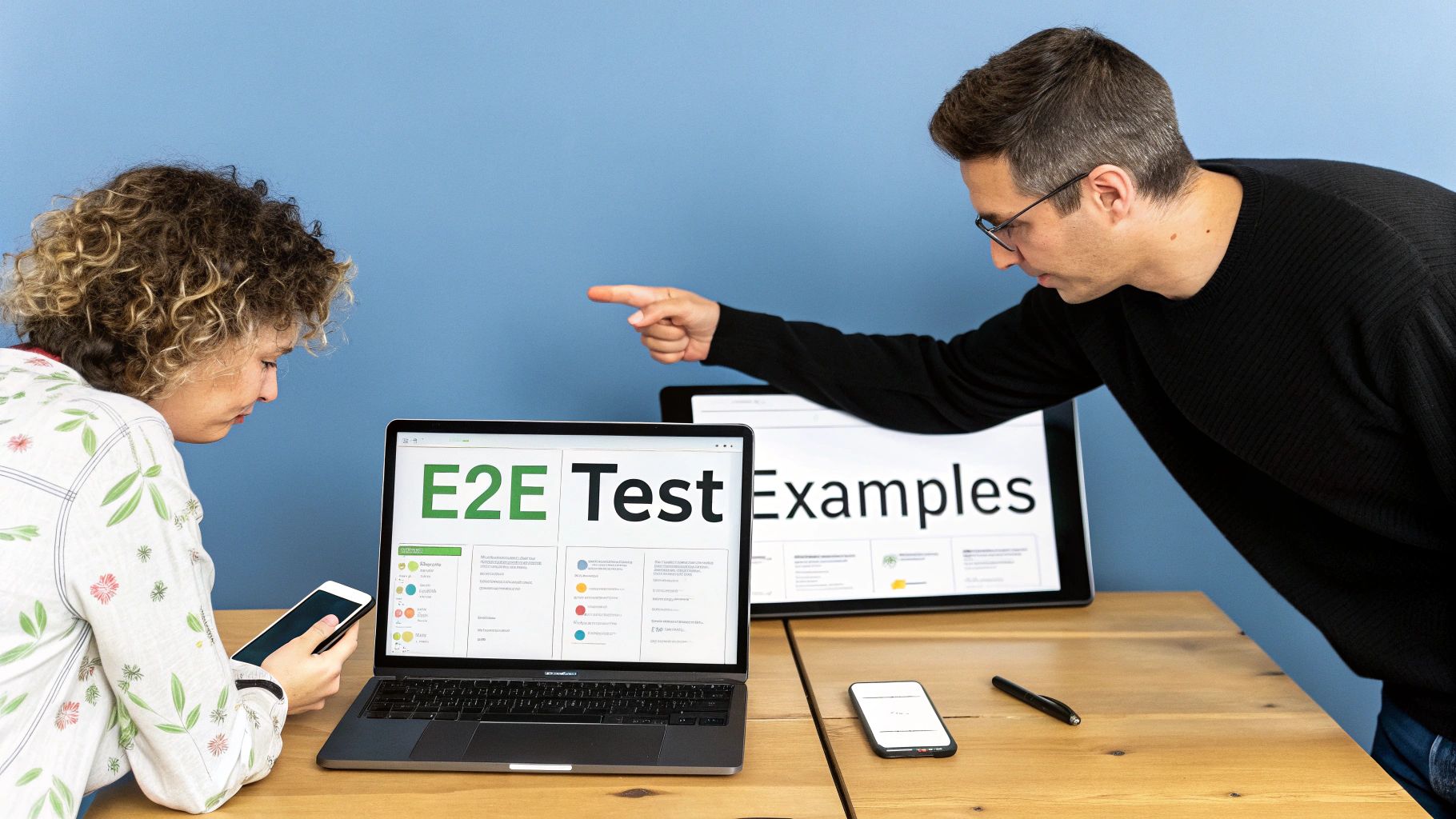 Two people review E2E Test Examples on laptops and screens, discussing software development.