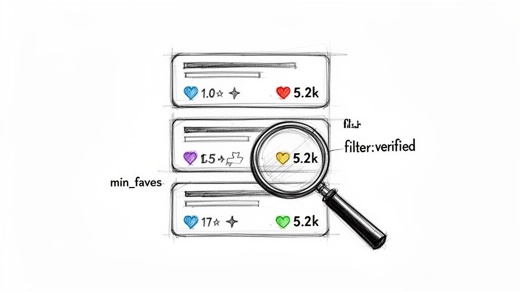 Scribbled illustration of social media posts with search filters for favorites and verified accounts.