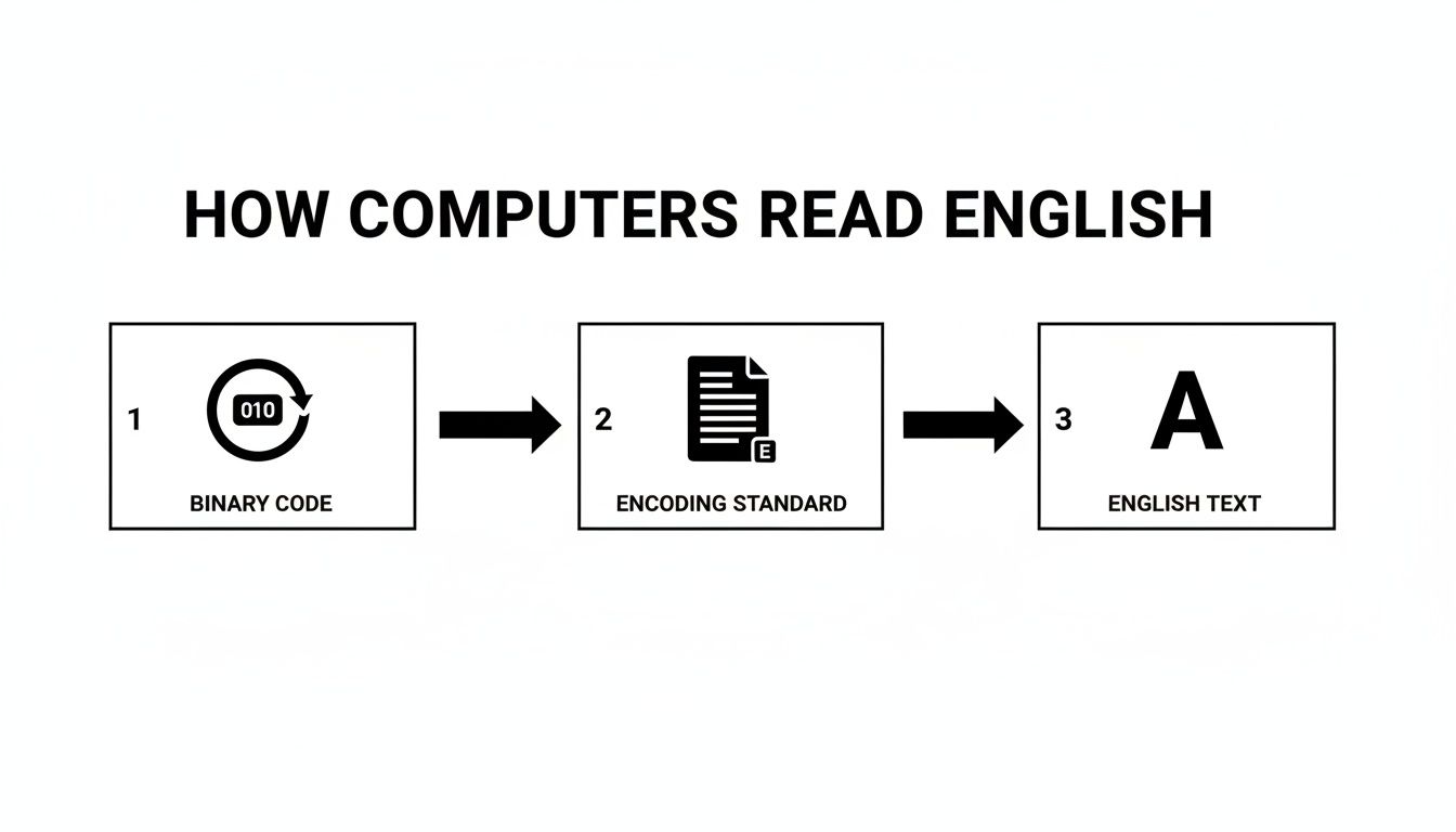 Diagram illustrating how computers read English by converting binary code through an encoding standard into text.