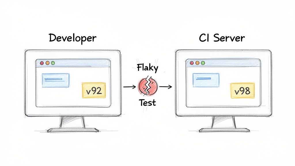 Diagram showing a flaky test failing between a developer's local environment (v92) and a CI server (v98).