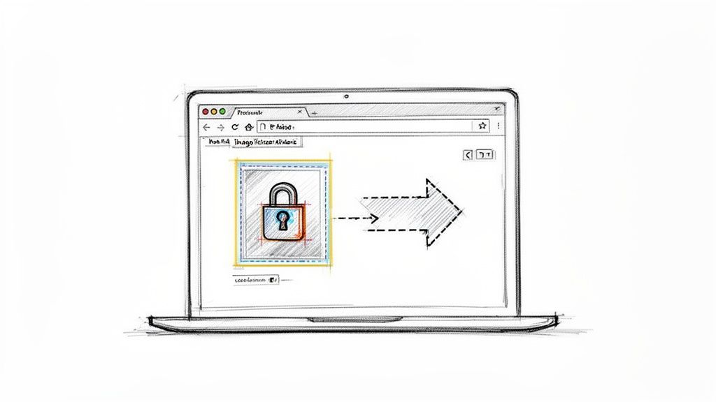A hand-drawn sketch of a laptop screen with a browser showing a padlock icon transforming into an arrow, symbolizing secure image processing or resizing.
