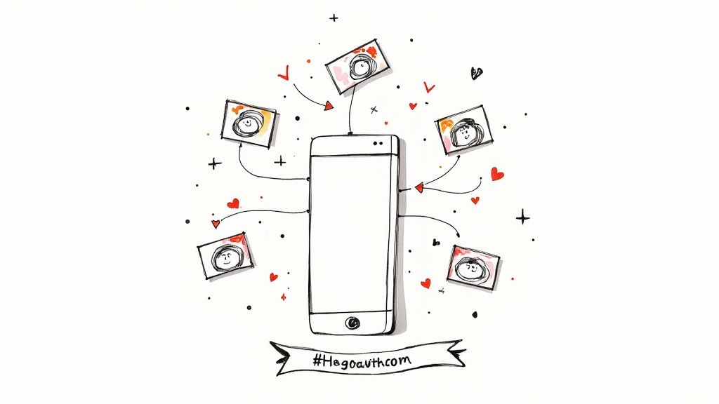 A smartphone connected to multiple user profile pictures, symbolizing social media interaction and sharing.