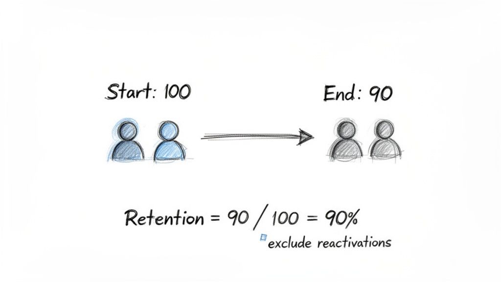Diagram illustrating retention rate calculation: 100 users at start, 90 at end, equaling 90% retention.