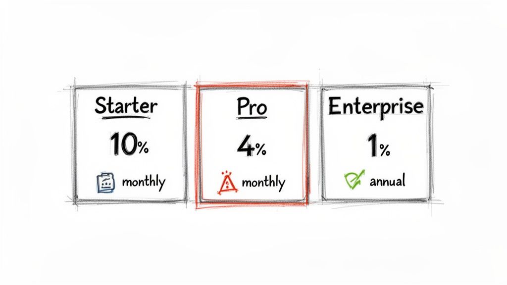 Three service tiers are displayed: Starter (10% monthly), Pro (4% monthly), and Enterprise (1% annual).