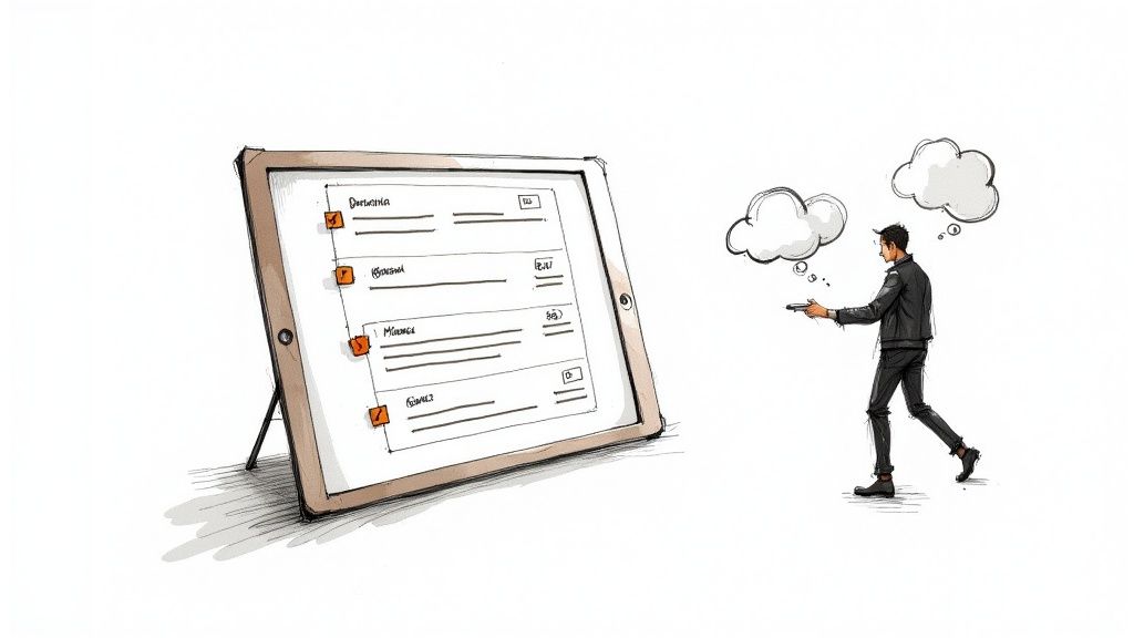 An illustration of a person aiming a device at a tablet displaying a digital checklist and thought bubbles.