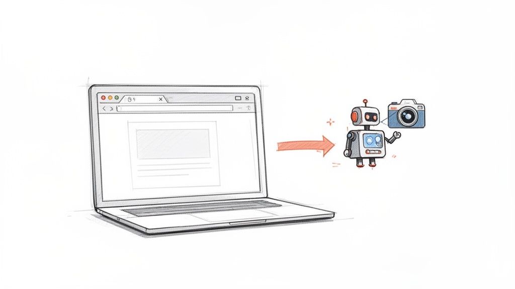 A sketch showing a laptop browser, an arrow, and a robot with a camera for automated screenshotting.