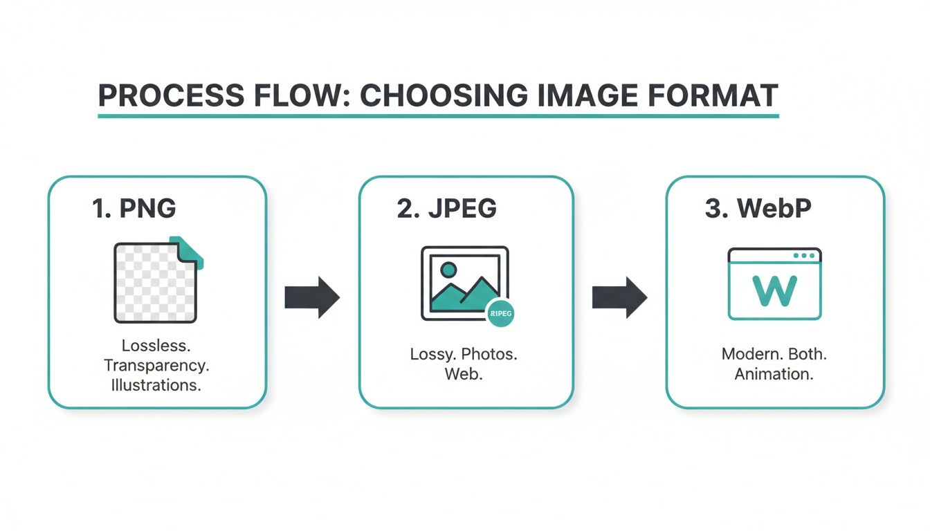 A process flow diagram illustrating the characteristics and ideal uses for PNG, JPEG, and WebP image formats.