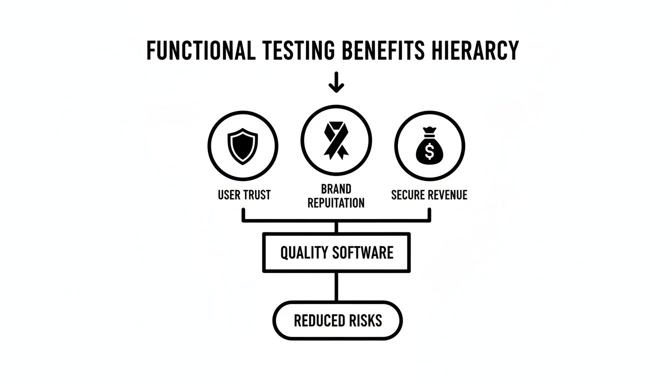 Functional testing benefits hierarchy diagram: user trust, brand reputation, secure revenue, quality software, reduced risks.