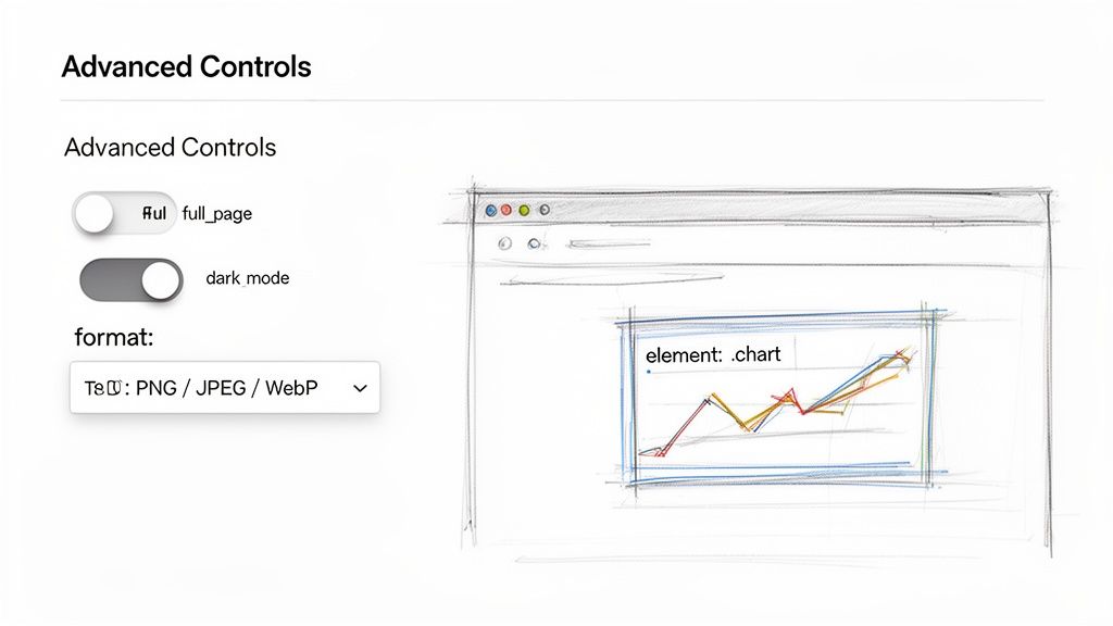 Advanced controls for capturing a website, showing options for full page, dark mode, and file format.