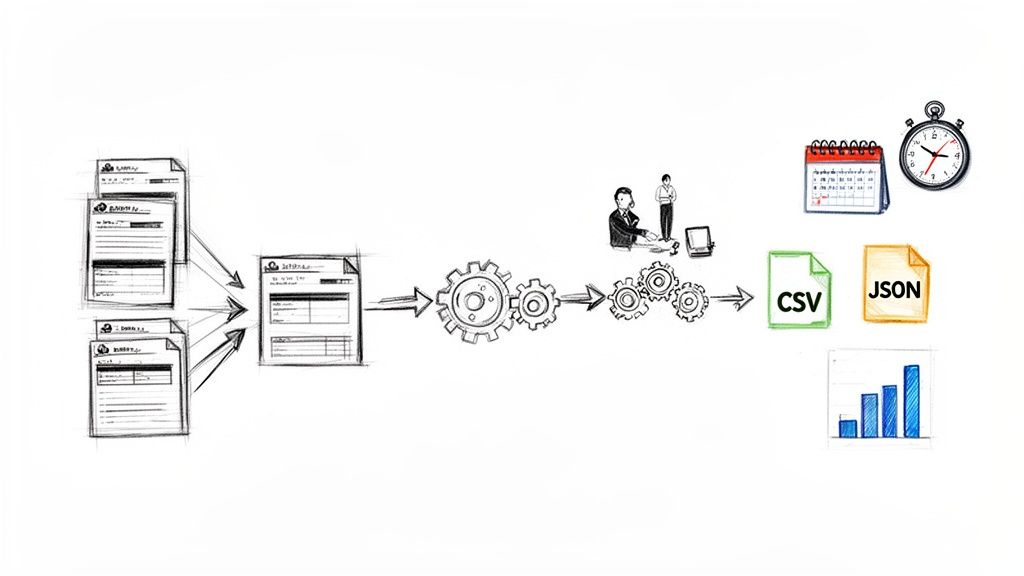 Workflow diagram showing bank statements processed into CSV, JSON files, and analytical charts.