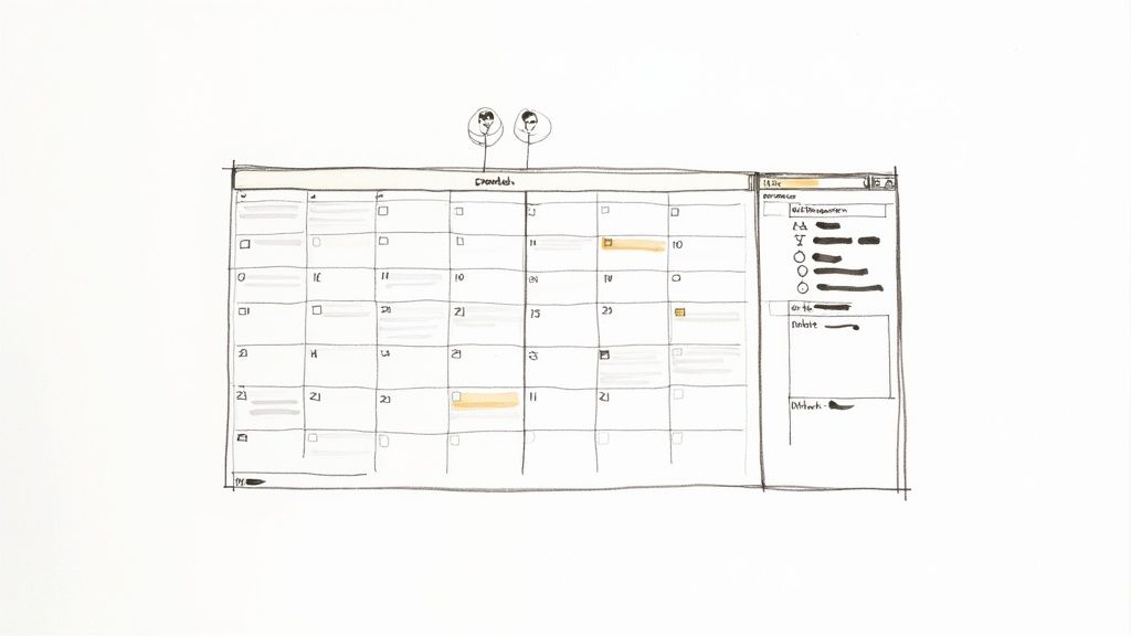 A hand-drawn calendar wireframe showing a month view with dates and a sidebar, topped by two stick figures.