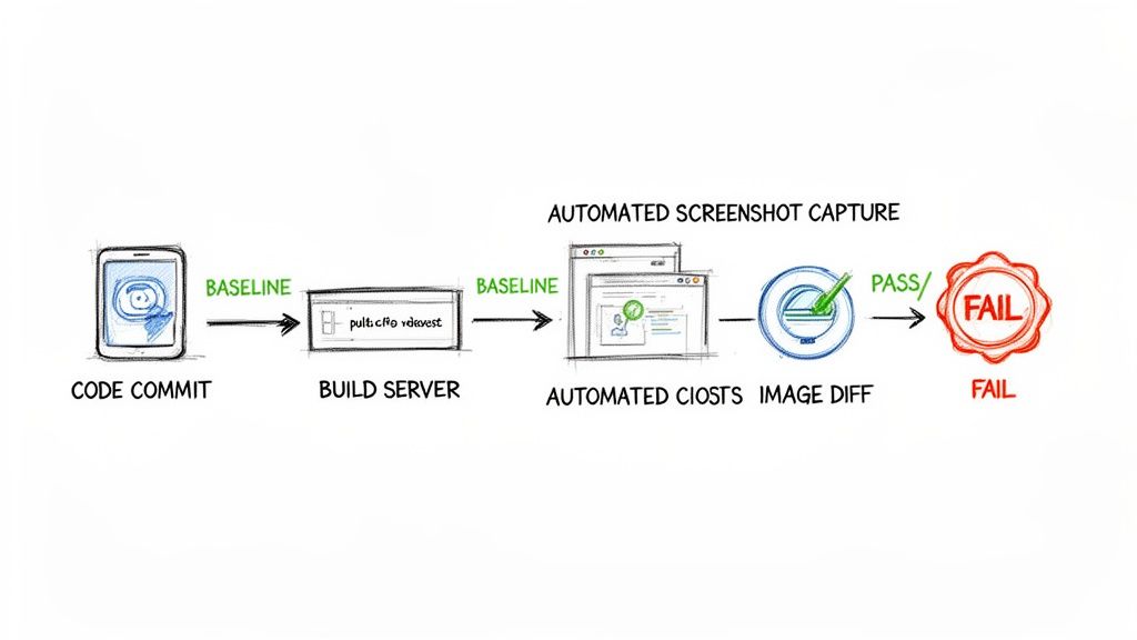 A diagram illustrating an automated visual regression testing workflow, from code commit to pass/fail.